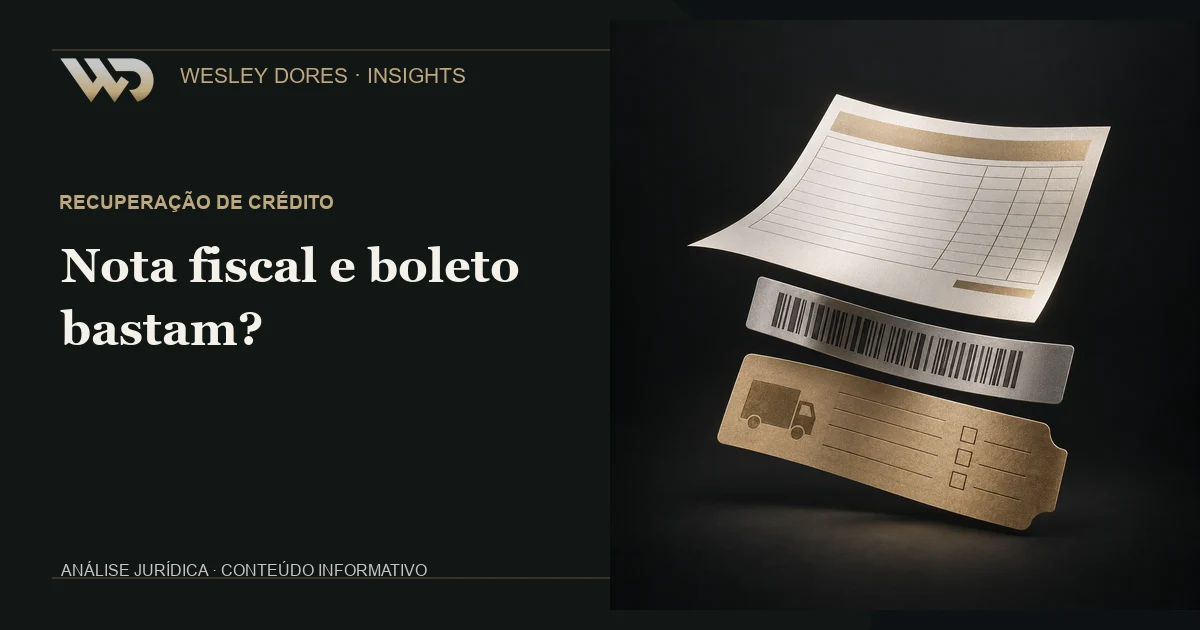 Duas peças documentais abstratas conectadas a uma evidência de entrega, representando nota fiscal, boleto e prova da obrigação.